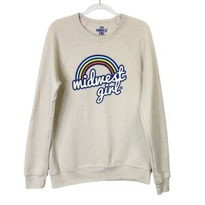 Midwest Girl Rainbow Crewneck Sweatshirt Women's Medium Oversized Ecru Beige